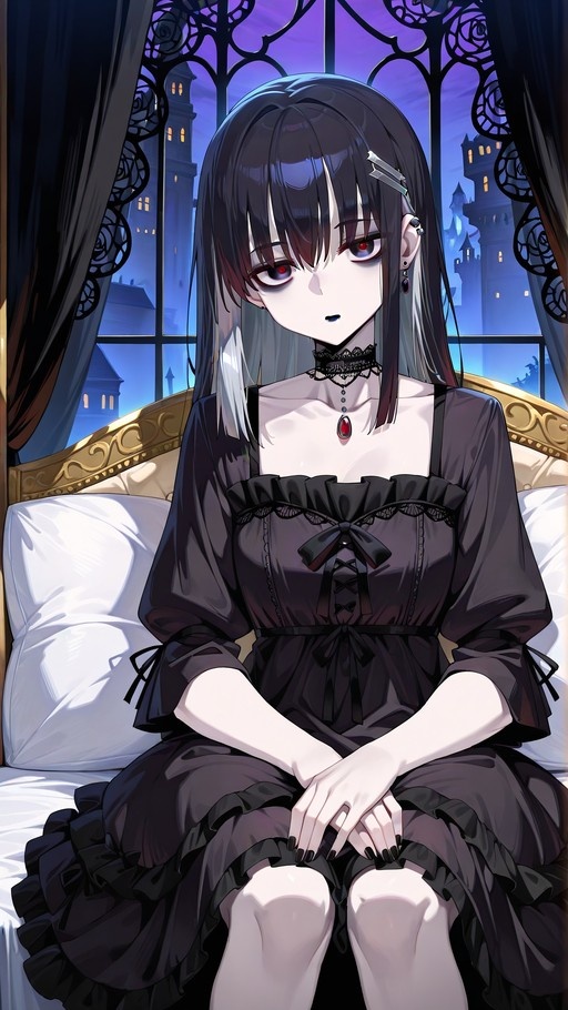 An anime girl with black hair and white streaks in a black gothic dress sitting on a bed by a window overlooking a castle at night.