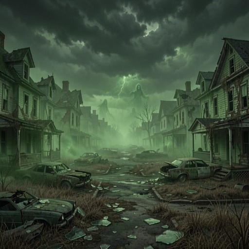 A desolate street with abandoned cars and broken glass under a stormy sky with ghostly figures looming above ruined houses.