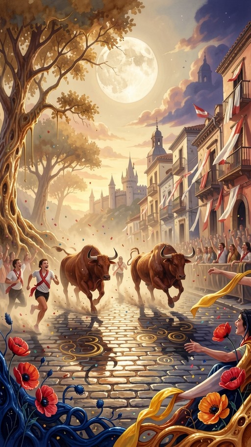 Two brown bulls charging down a cobblestone street during a festival with runners fleeing and spectators watching from balconies under a large full moon, with red poppies in the foreground.