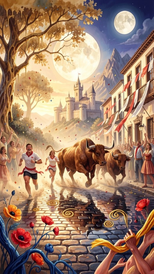 Two brown bulls running down a cobblestone street at night with a giant full moon, castle in background, and red poppies in foreground.