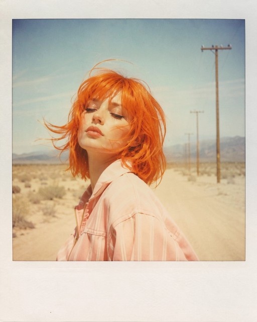 A Polaroid-style photograph of a woman with short orange hair and a pink shirt standing in a desert near utility poles.