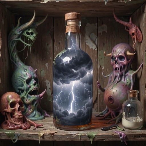 A glass bottle containing a lightning storm sits on a shelf surrounded by slimy monster skulls.