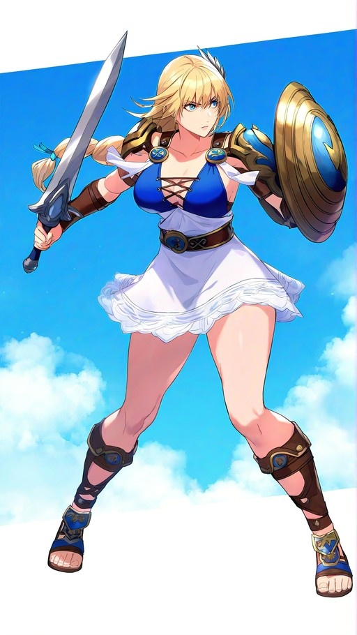 Full-body digital illustration of Ingrid Brandl Galatea from Fire Emblem as a blonde warrior with blue eyes. She wears a white skirt and blue armor, holding a sword and shield against a bright blue sky.