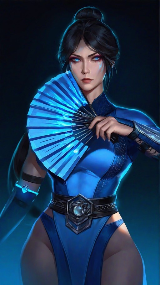 Shiranui Mai holding a large glowing blue fan with black hair and blue eyes.