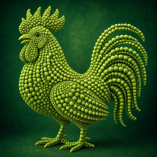 A green rooster made of small spheres standing on a dark green background.