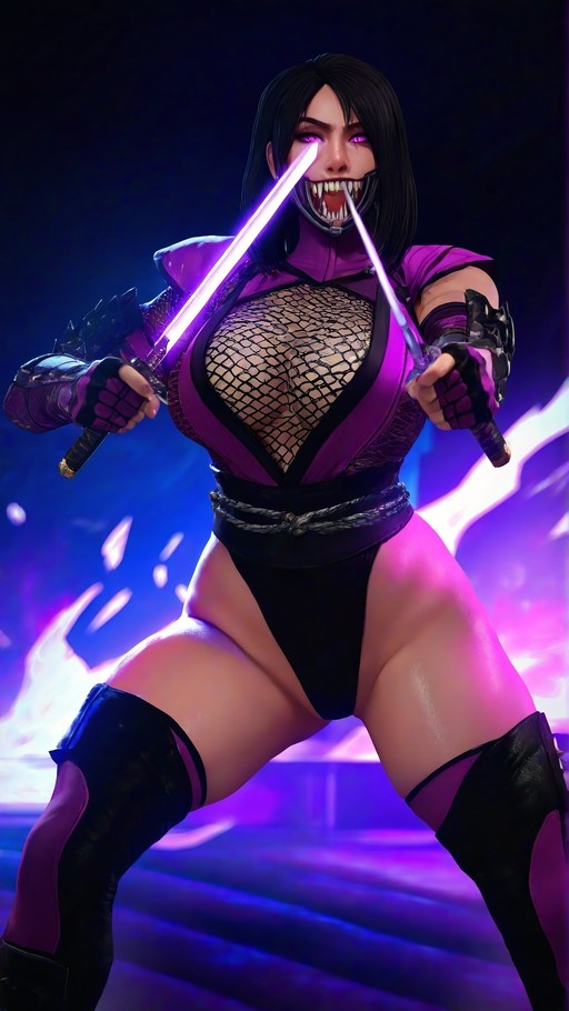 A female ninja warrior with black hair and sharp fangs stands in a fighting pose holding two swords, one glowing purple, wearing a purple leotard and armor.