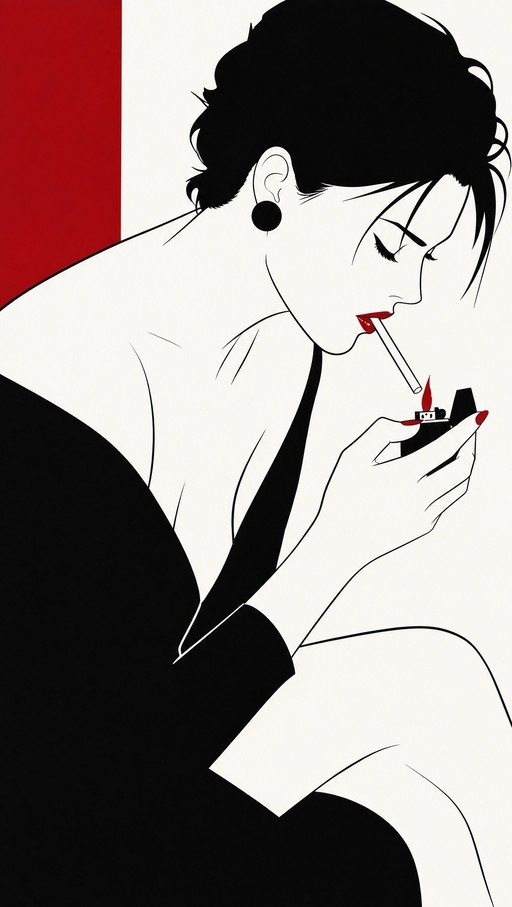 A minimalist illustration of a woman in profile lighting a cigarette, featuring black and white tones with red accents on her lips and nails.