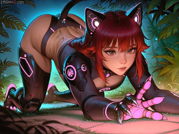 A red-haired woman with mechanical cat ears and cybernetic limbs kneels in a jungle at night, reaching forward with glowing pink claws under neon lighting.