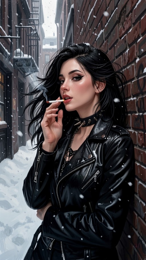 A woman with long black hair in a leather jacket and spiked choker smoking a cigarette against a brick wall while snow falls.