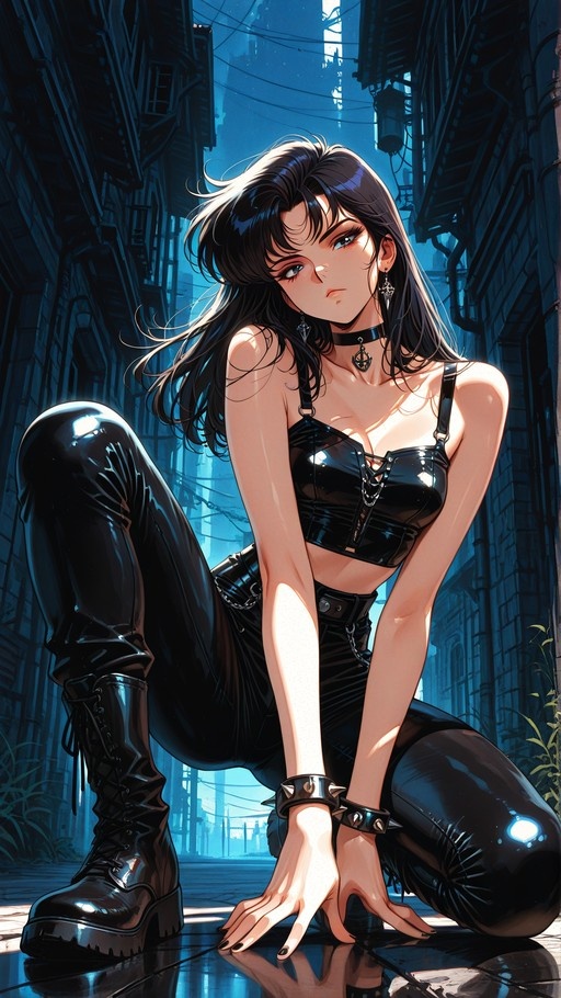 A digital illustration of Misato Katsuragi from Neon Genesis Evangelion kneeling in a blue-lit alleyway, wearing a shiny black latex outfit and spiked accessories.