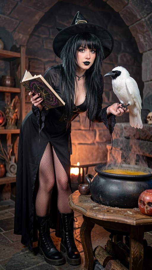 A gothic witch in a pointed hat holds an open book while a white raven perches on her hand near a bubbling cauldron.