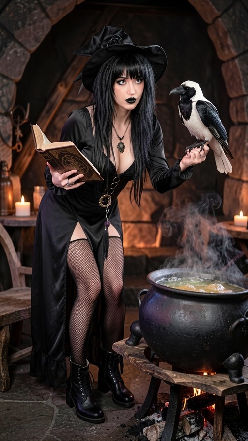 A woman dressed as a gothic witch in a black hat and dress holds an open book while a black and white bird perches on her hand near a steaming cauldron.