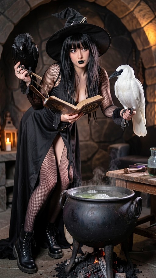 A witch with black hair and dark lipstick stands in a stone room holding an open book, with a black crow on her right arm and a white bird on her left, next to a steaming cauldron.