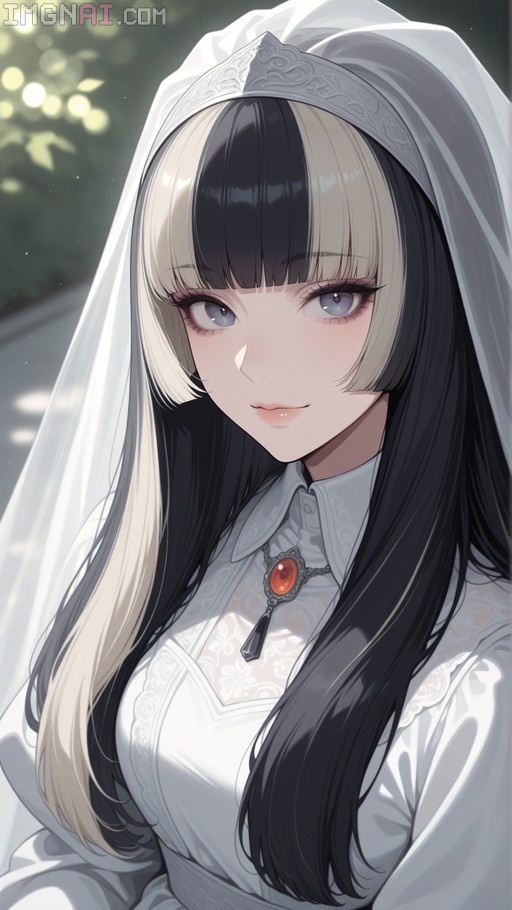 Anime girl with split black and blonde hair wearing a white veil and red pendant.
