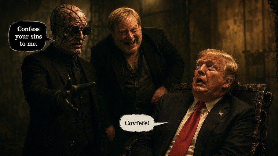 A cinematic image of Watchmen's John Dee confronting a seated Donald Trump while Philip Seymour Hoffman laughs in the background; speech bubbles read "Confess your sins to me" and "Covfefe!".