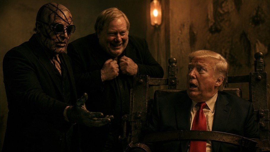 Pinhead and Mike Myers standing near Donald Trump who is strapped into an electric chair with a surprised look.