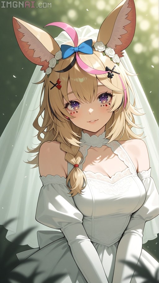 Fox-eared anime girl Omaru Polka in a white wedding dress and veil looking at the viewer.