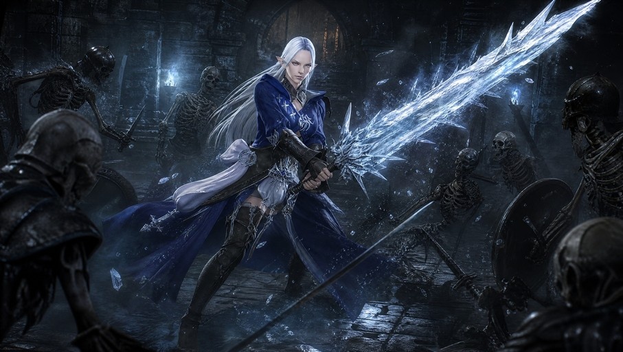 Ysayle Dangoulain from Final Fantasy XIV wielding a large ice sword while fighting skeletons in a dark dungeon.