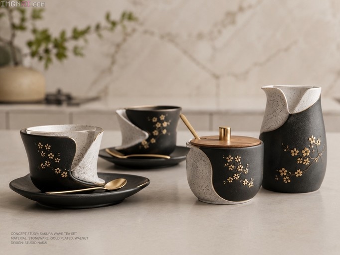 A stoneware tea set with a black and white speckled finish and gold cherry blossom details, featuring cups, saucers, a sugar bowl with a wooden lid, and a pitcher.