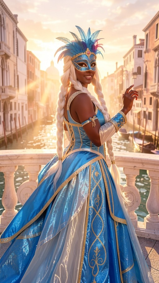 A dark-skinned woman in a blue masquerade gown and feathered mask stands on a bridge over a Venetian canal at sunset.