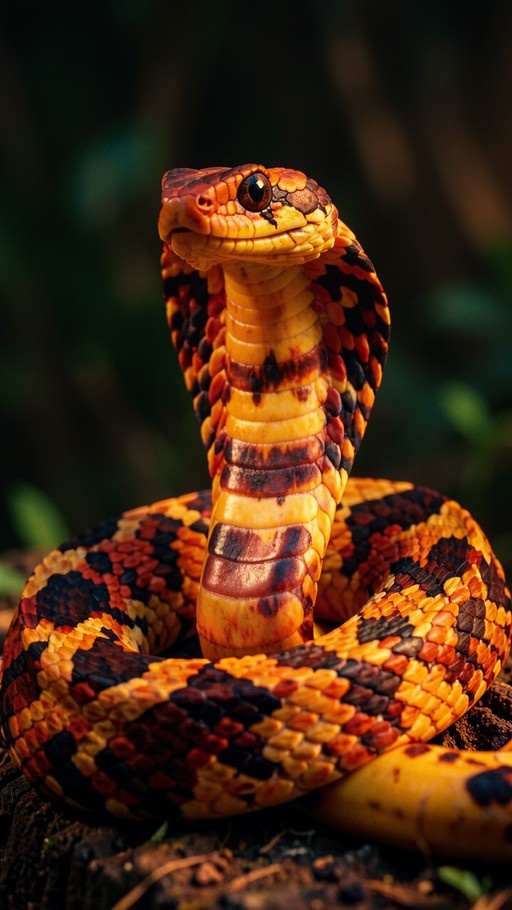 A close-up of a vibrant orange and black cobra with its hood flared, coiled on the ground in a natural setting.