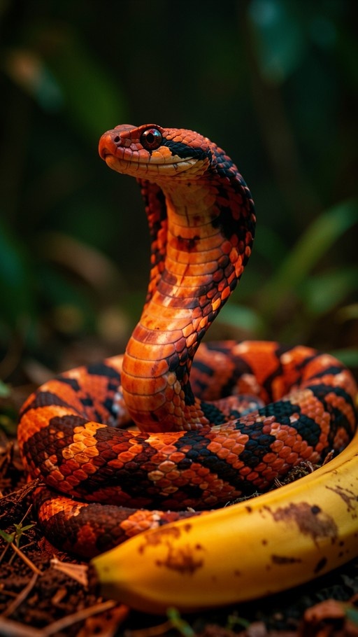 An orange and black snake coiled on the forest floor next to a ripe yellow banana with blurred green background.
