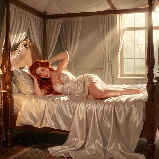 A red-haired woman in a white lace nightgown lies on a wooden four-poster bed as sunlight streams through the window.
