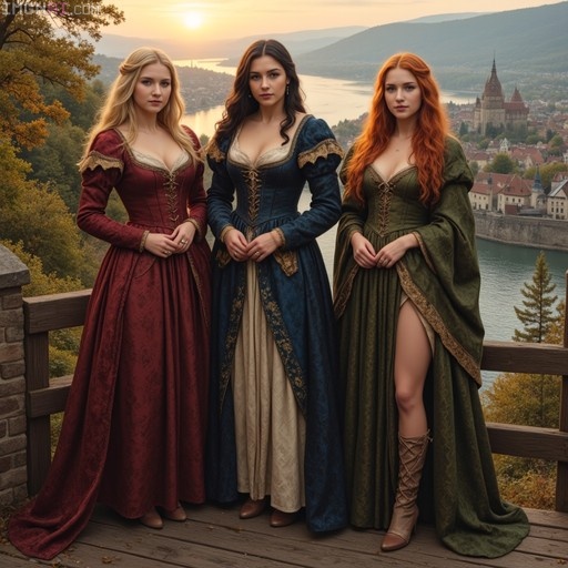 Three women in red, blue, and green medieval dresses standing on a wooden deck overlooking a river and castle at sunset.
