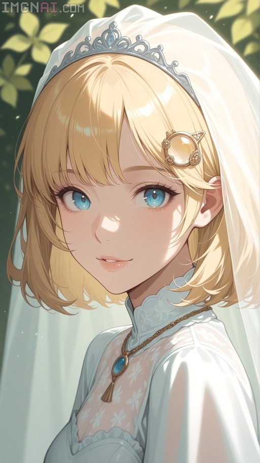 Watson Amelia wearing a white veil and tiara with a gold cat-ear hair clip.