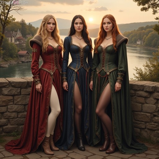 Three women in red, blue, and green medieval gowns standing on a stone wall overlooking a river at sunset.