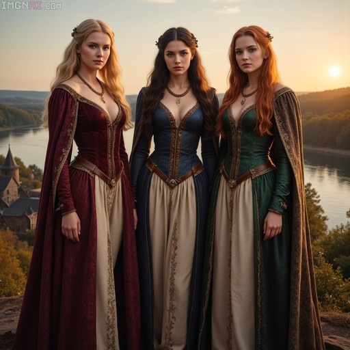 Three noblewomen in red, blue, and green medieval gowns stand side-by-side on ramparts overlooking a river valley and castle ruins during a golden sunset.
