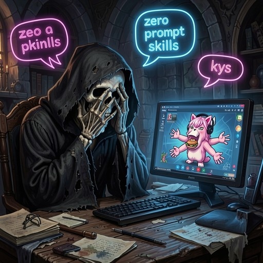 A hooded skeleton sits at a wooden desk with its hands over its face in frustration. Neon signs above read "zero prompt skills". A computer screen shows a pink four-armed furry creature on a video call.