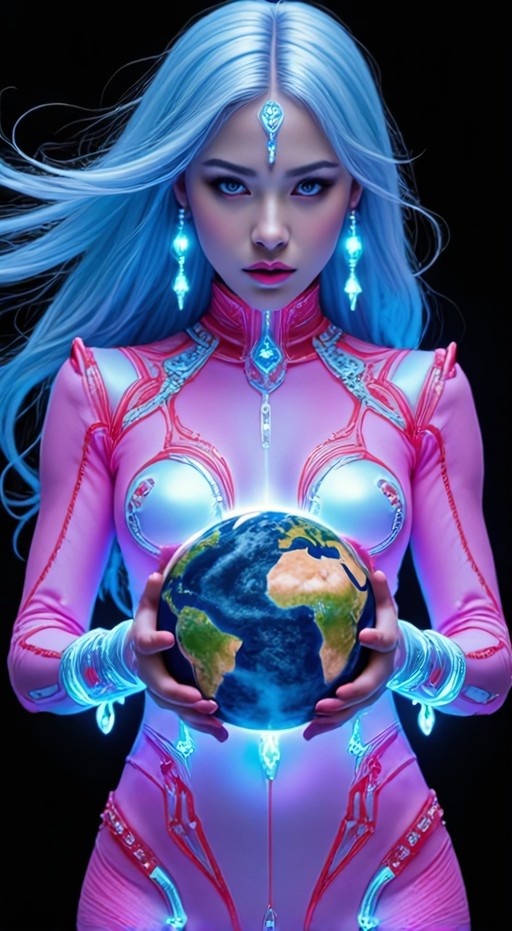 A woman with long blue hair in a pink futuristic suit holds a glowing Earth globe.