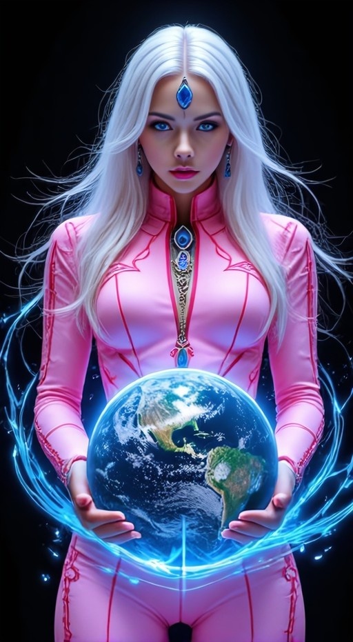 A woman with long white hair and a pink bodysuit holds a glowing globe of the Earth.