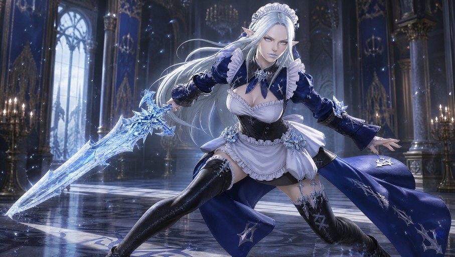 A digital illustration of Ysayle Dangoulain from Final Fantasy XIV dressed as a warrior maid, holding a large crystalline ice sword in a castle hall.