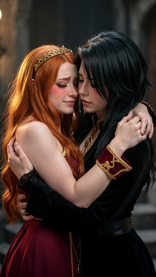 Two women embracing closely with foreheads touching; one has long red hair and a gold tiara while the other has long black hair and wears dark clothing.
