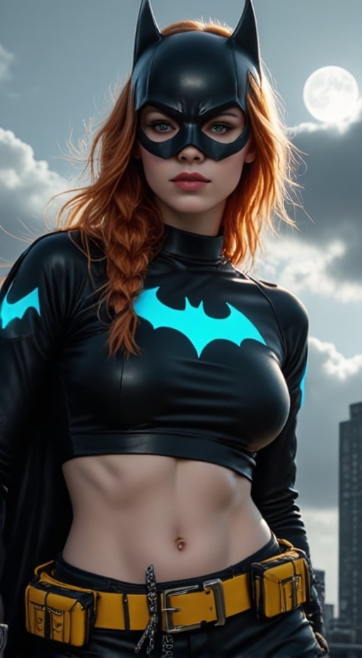 A woman with long red braided hair wearing a black bat-eared mask and a shiny black crop top with a bright blue bat symbol, standing against a cloudy sky with a full moon and city buildings.