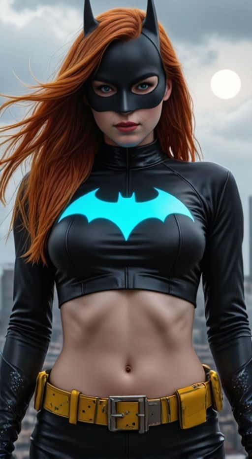 A realistic digital portrait of a red-haired woman in a black Batgirl-style costume with a glowing blue bat emblem on her chest and a yellow utility belt, standing against a cloudy city skyline.