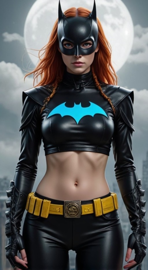 Red-haired Batgirl in black leather suit with blue emblem stands under a large full moon.
