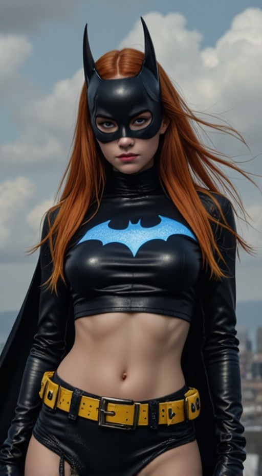 A realistic portrait of a woman in a Batgirl costume featuring a black leather outfit with a blue bat emblem, yellow utility belt, and pointed ear mask against a cloudy sky.