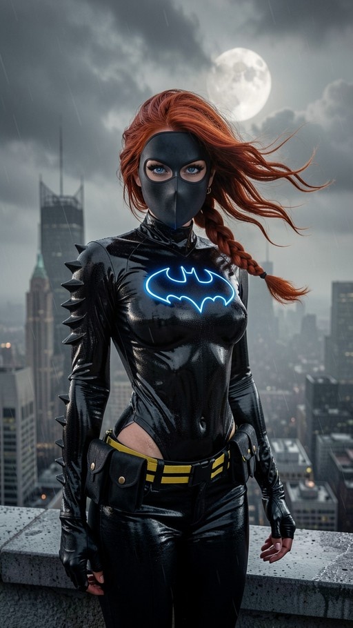 Red-haired masked superheroine in black spiked suit with glowing blue bat logo standing on rainy rooftop under full moon.