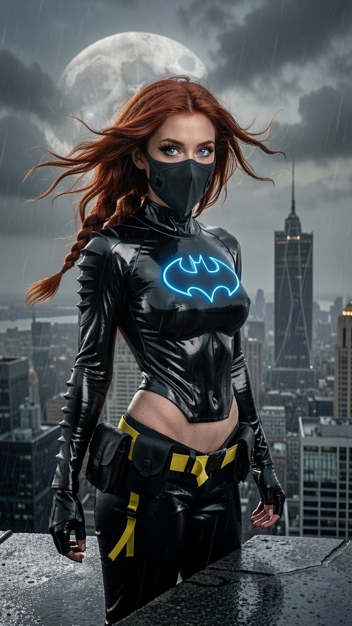 A red-haired woman in a black mask and shiny bodysuit with a glowing blue bat symbol stands on a rainy rooftop overlooking a city at night under a full moon.