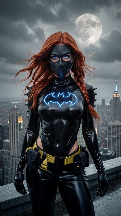 A red-haired woman in a black superhero costume with a glowing blue bat logo stands on a rainy rooftop at night with a full moon and city skyline behind her.