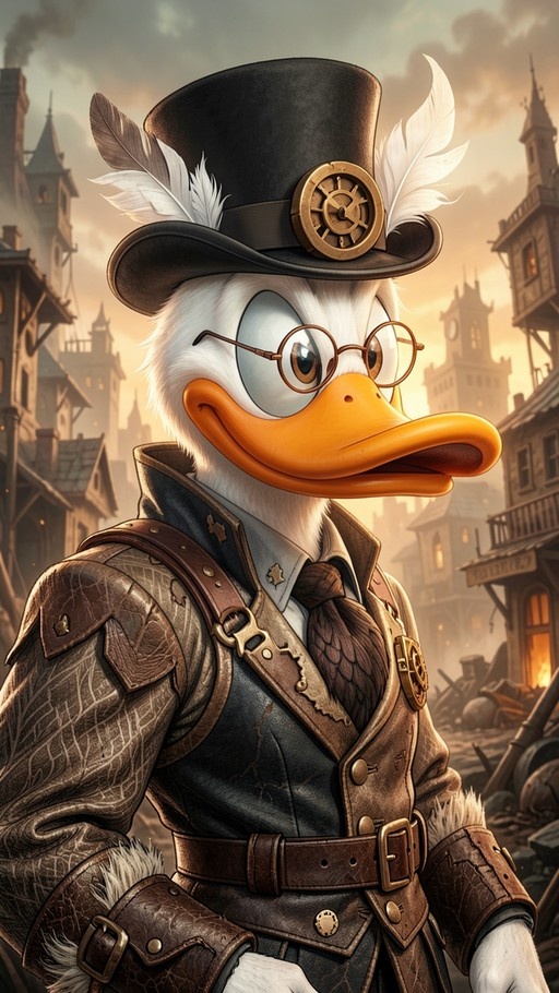 A detailed digital illustration of Scrooge McDuck wearing a steampunk top hat with feathers and brass gears, round spectacles, and a textured leather jacket against a backdrop of an old western town.