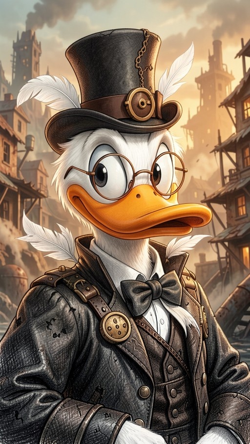 A digital illustration of Scrooge McDuck in steampunk attire, wearing a feathered top hat and round glasses, set against an industrial city background.