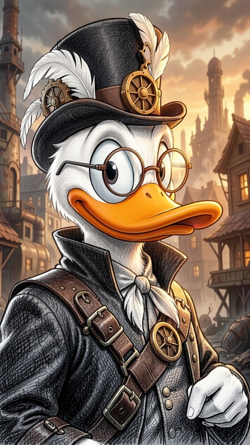 A close-up portrait of Scrooge McDuck dressed in steampunk attire, wearing a black top hat with brass gears and white feathers, round spectacles, and a leather harness against an industrial city backdrop.