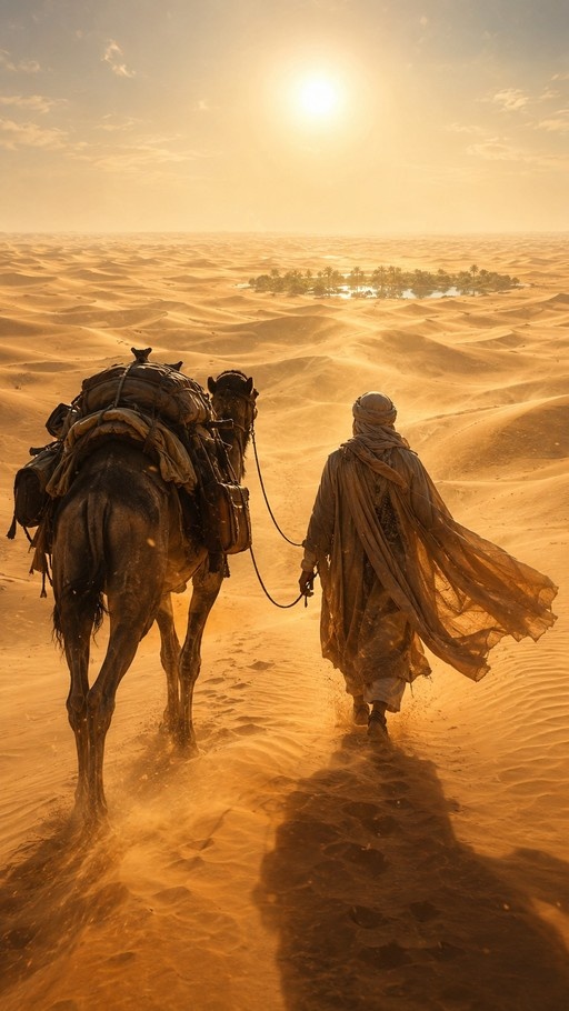 A person in a turban and robe leads a loaded camel across sand dunes toward a distant oasis under a bright sun.