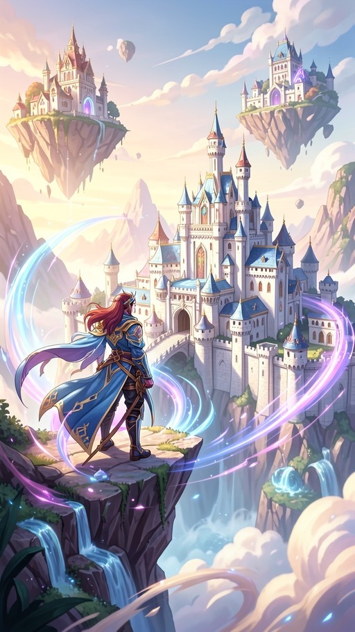 A red-haired man in blue armor stands on a rocky cliff looking at a large white castle and floating islands with waterfalls in the background.