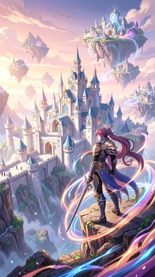 A pink-haired male knight in blue and gold armor stands on a rocky cliff holding a sword, looking out over a large white castle with floating islands and magical energy swirls in the background.