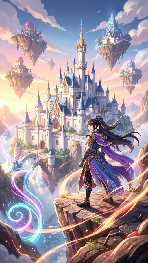 An armored warrior with long black hair stands on a cliff edge looking back at a large white castle and several smaller castles floating in the sky amidst swirling magical light.
